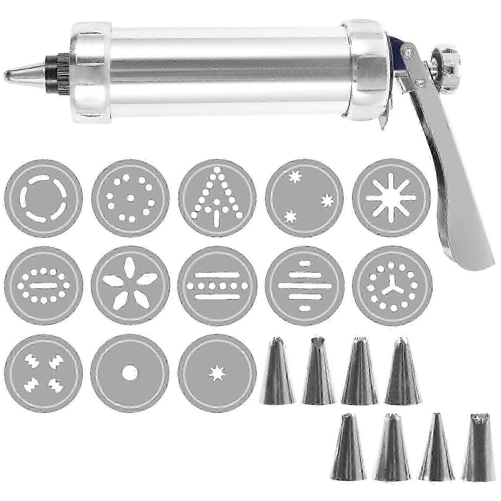 Stainless Steel Cookie Press Kit with 8 Nozzles & 13 Discs, Reusable Biscuit Maker, Compatible with Standard Refills