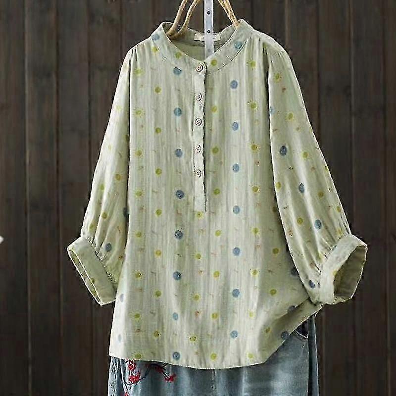 Camisa de hilo de algodón de doble capa para mujer Camisa suelta de hilo de algodón floral con cuello alto