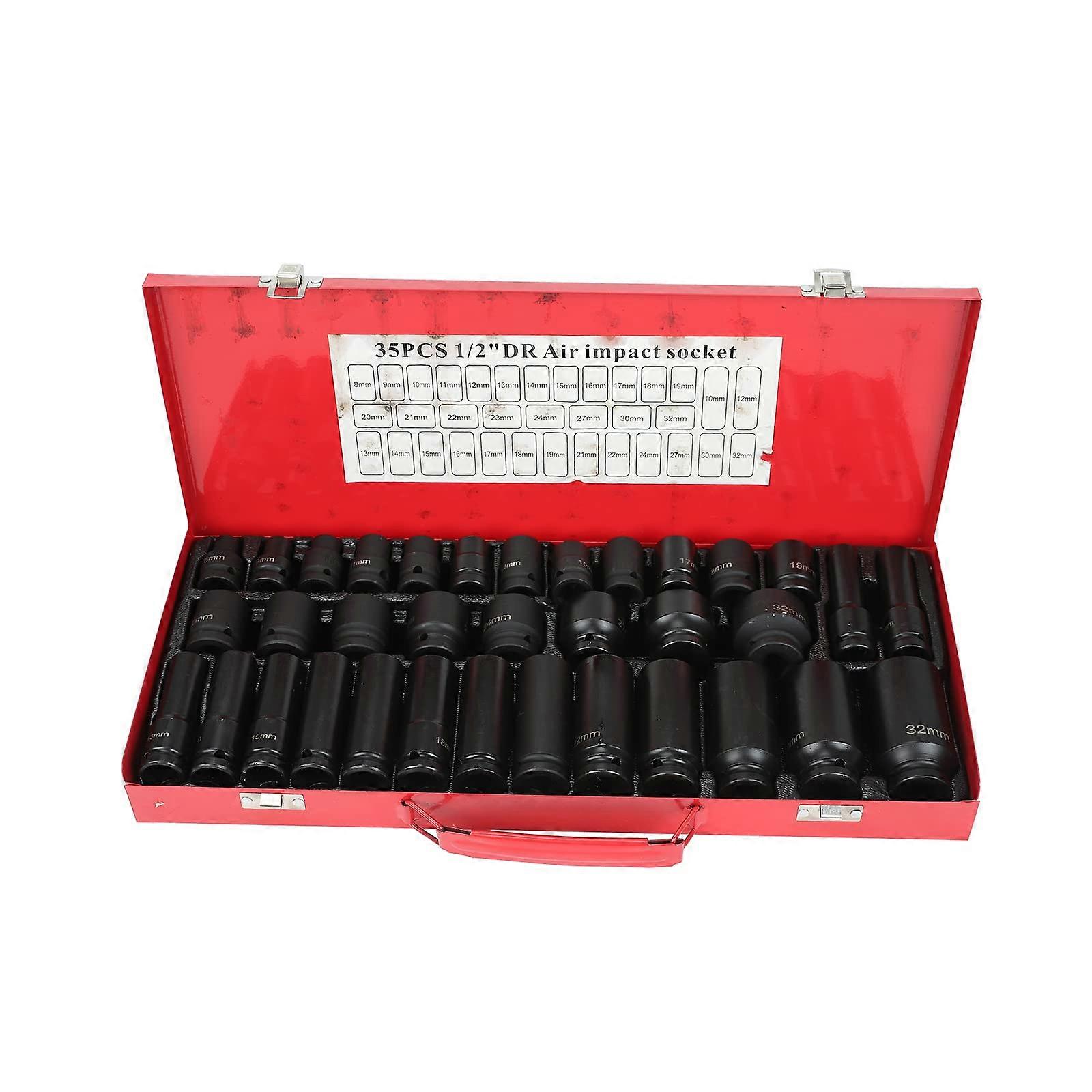 35PCS 1/2 Inch Drive Deep Impact Socket Set 6 Point Metric 832mm Chrome Vanadium Garage Tools