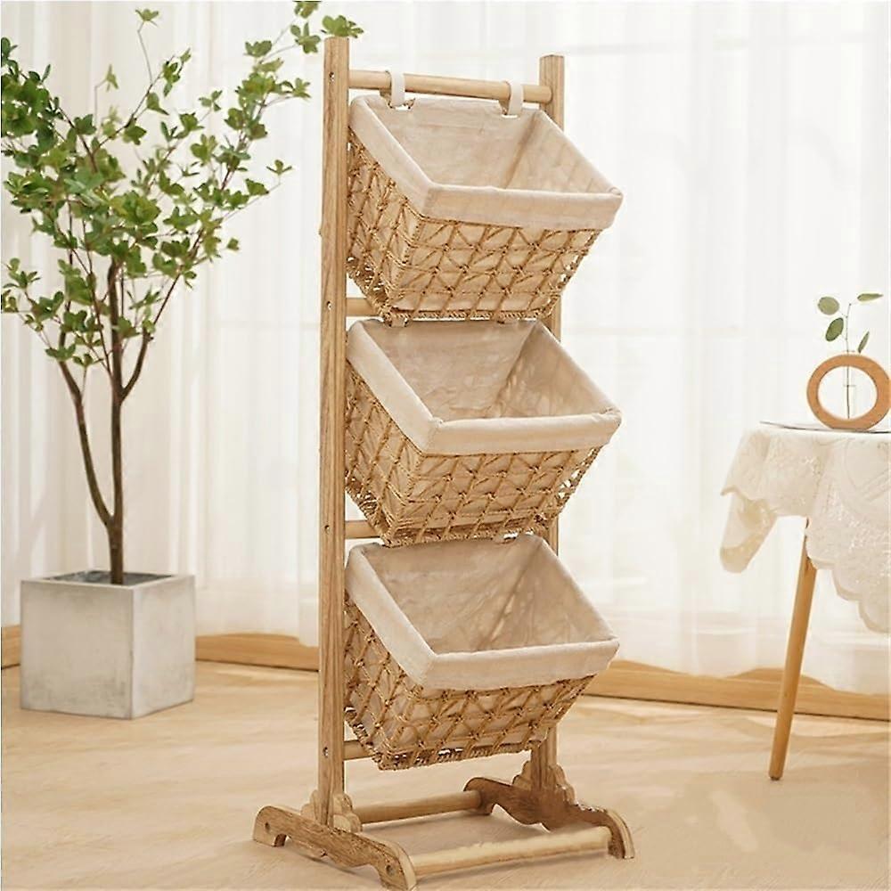 Wood Storage Shelf with Stable Wooden Frame, MultiLayer Rattan Basket Organizer for Bathroom
