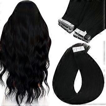 Tape in Hair Extensions Remy Human Hair 18 inch Darkest Brown and Jet Black Seamless Blend