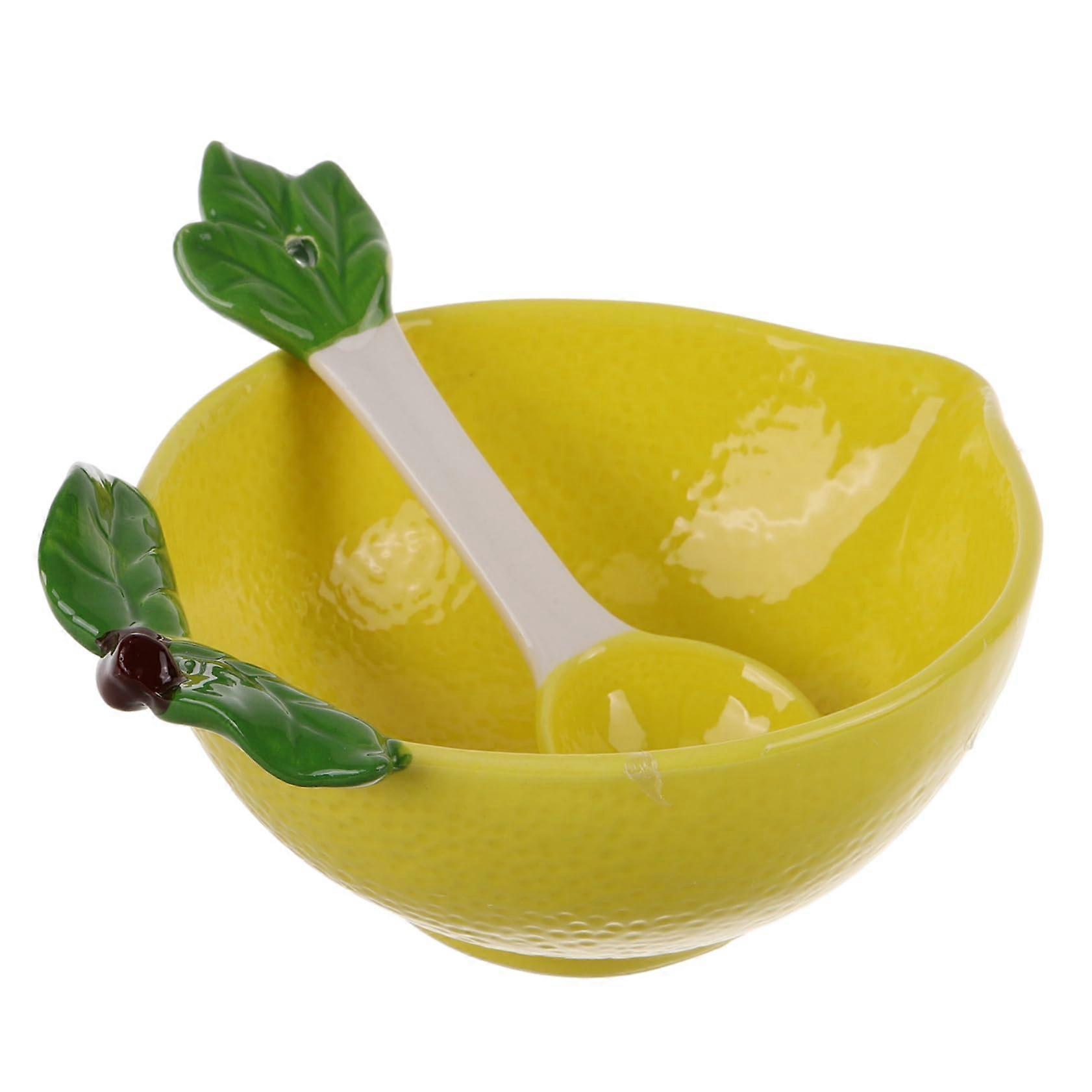 Ceramic Serving Bowl with Spoon MultiFunctional Durable Lemon Pattern for Salad Fruit Dessert