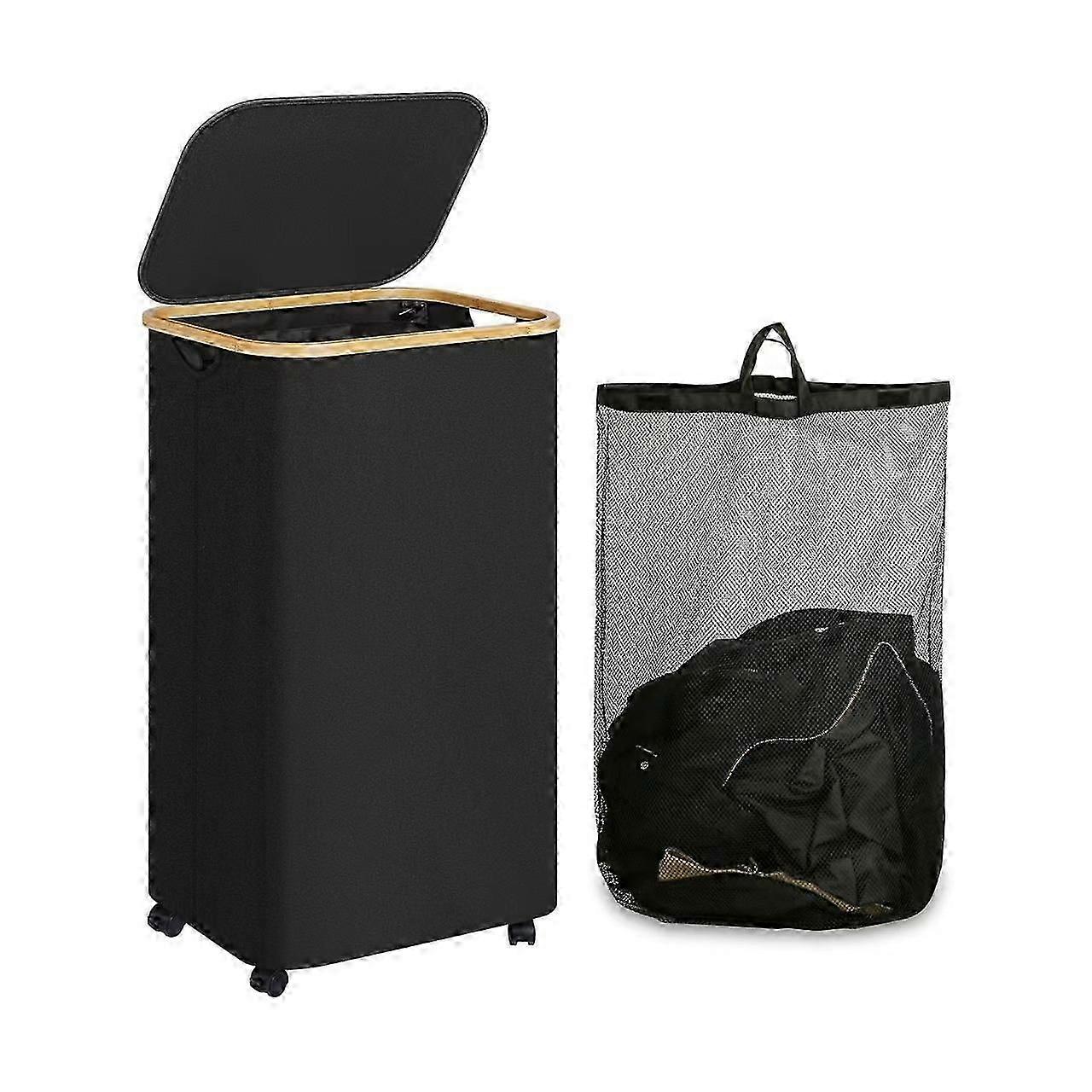 Laundry basket with wheels, slim laundry basket with lid, black