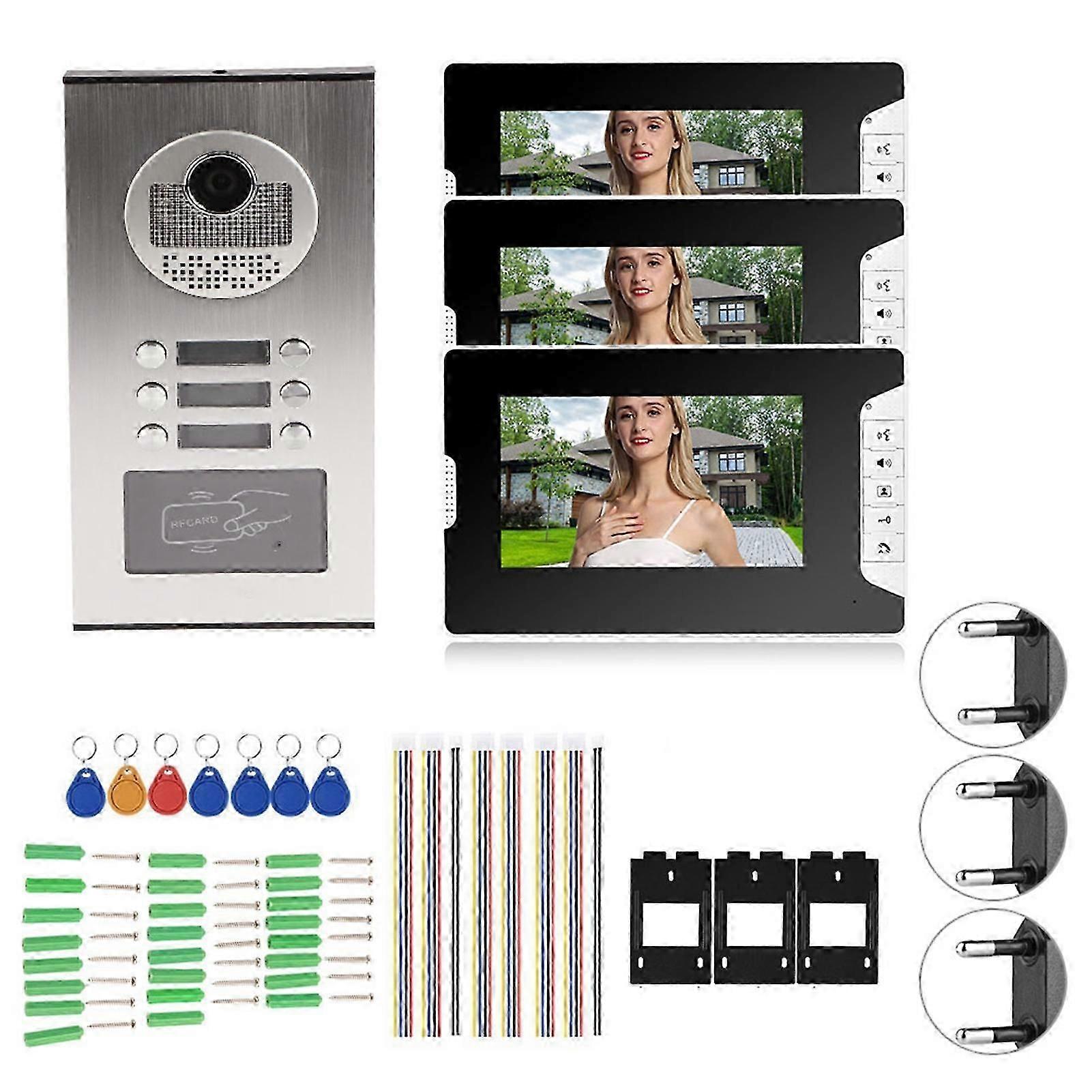 7 inch Video Intercom, 3 Monitors, Smart Intercom System, RFID Night Vision Doorbell