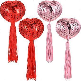2 Pairs Boobie Tassels,Pasties Nipple Covers Sexy Booby Tassels,Nipple Tassel Women Reusable Heart Shape Lace Pasties with Strong Adhesive in Red and
