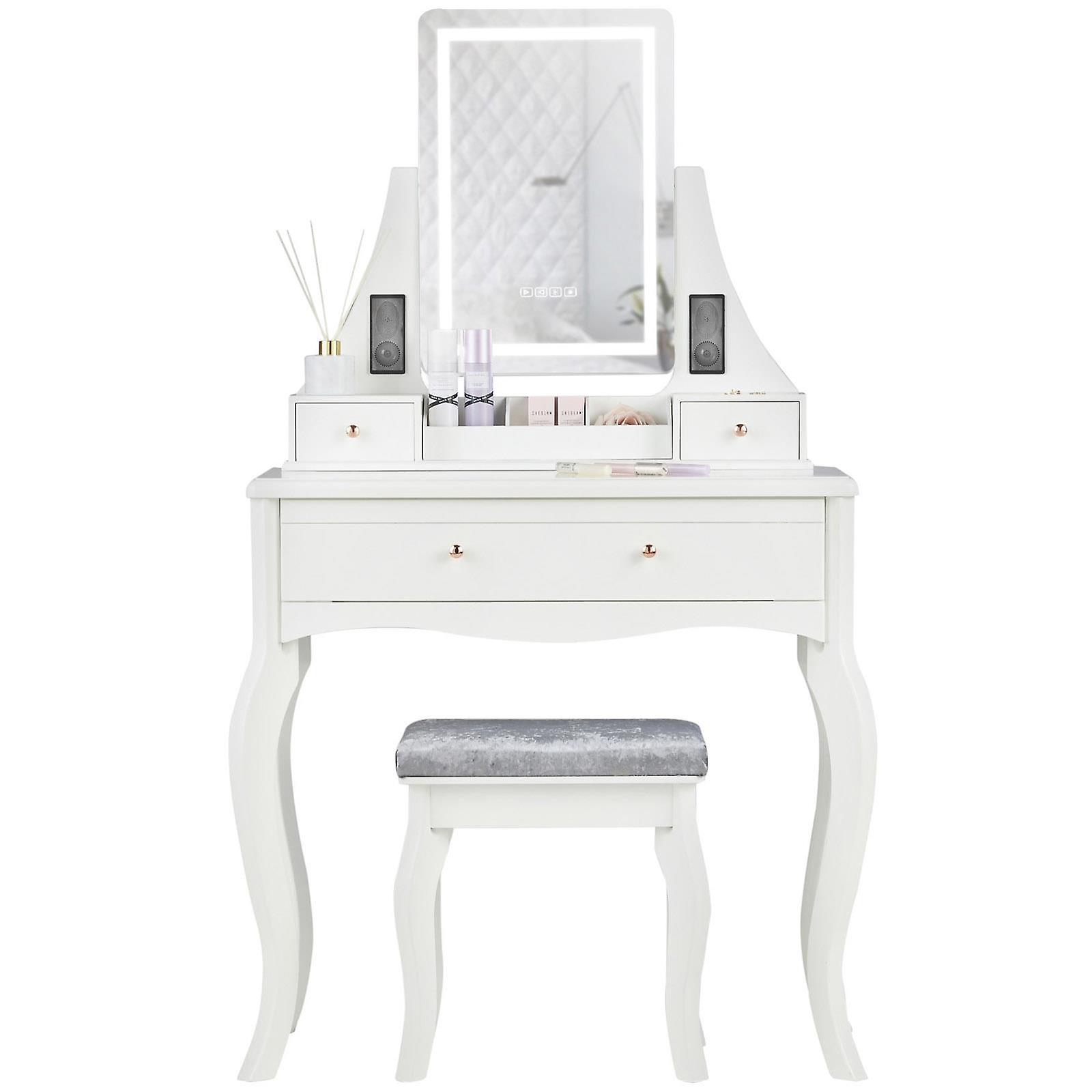Anastasia Dressing Table with Touch LED Lights Mirror Bluetooth Speakers Stool Set White