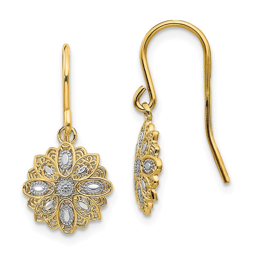 14k Yellow Gold Textured Shepherd hook and Rhodium Polished Fancy Long Drop Dangle Earrings 19x10mm Wide-Dangle Earring