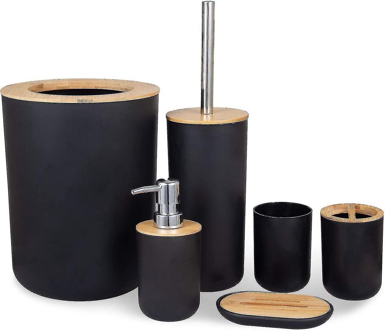 Set Of 6 Bamboo And Eco-friendly Bathroom Accessories With Lotion Dispenser, Trash Can, Toothbrush H