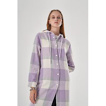 Hooded Plaid Lilac Overcoat