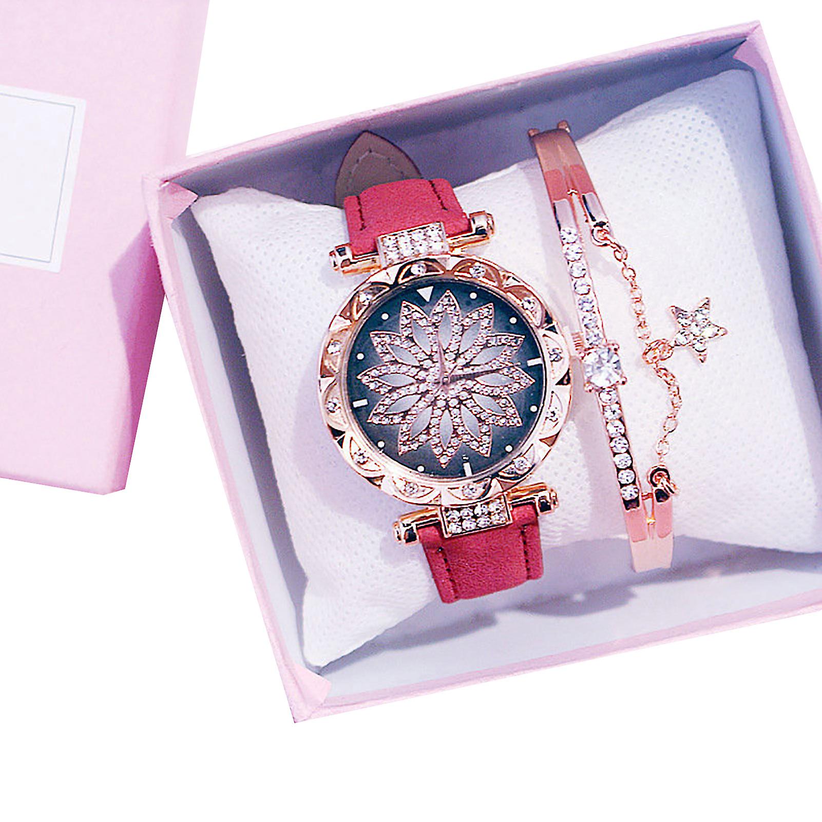 1 Set Quartz Watch Bangle Kit Rhinestone Pointer Display Adjustable Precise Time Luxury Starry Sky Watch Bracelet Set School Supply