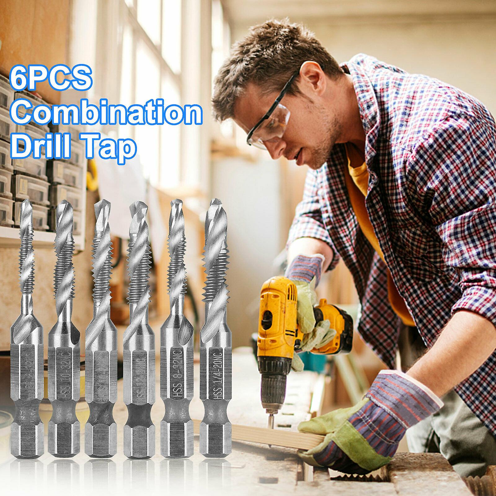 6pcs HSS 1/4" Hex Shank SAE Drill Tap Combination Bit Set Deburr Countersink Bit