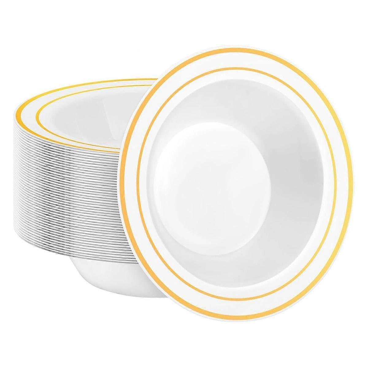 Lot de 30 bols jetables en plastique, saladiers de 340 ml avec bord doré pour desserts, bols à céréales pour…