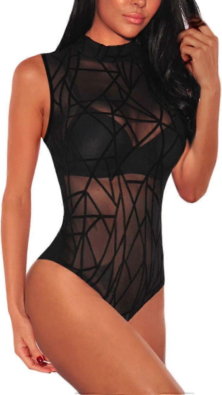 Mayfasey Women's Bodysuits Sleeves Sheer Mesh See Through Jumpsuit Bodysuit Top Leotard_newway