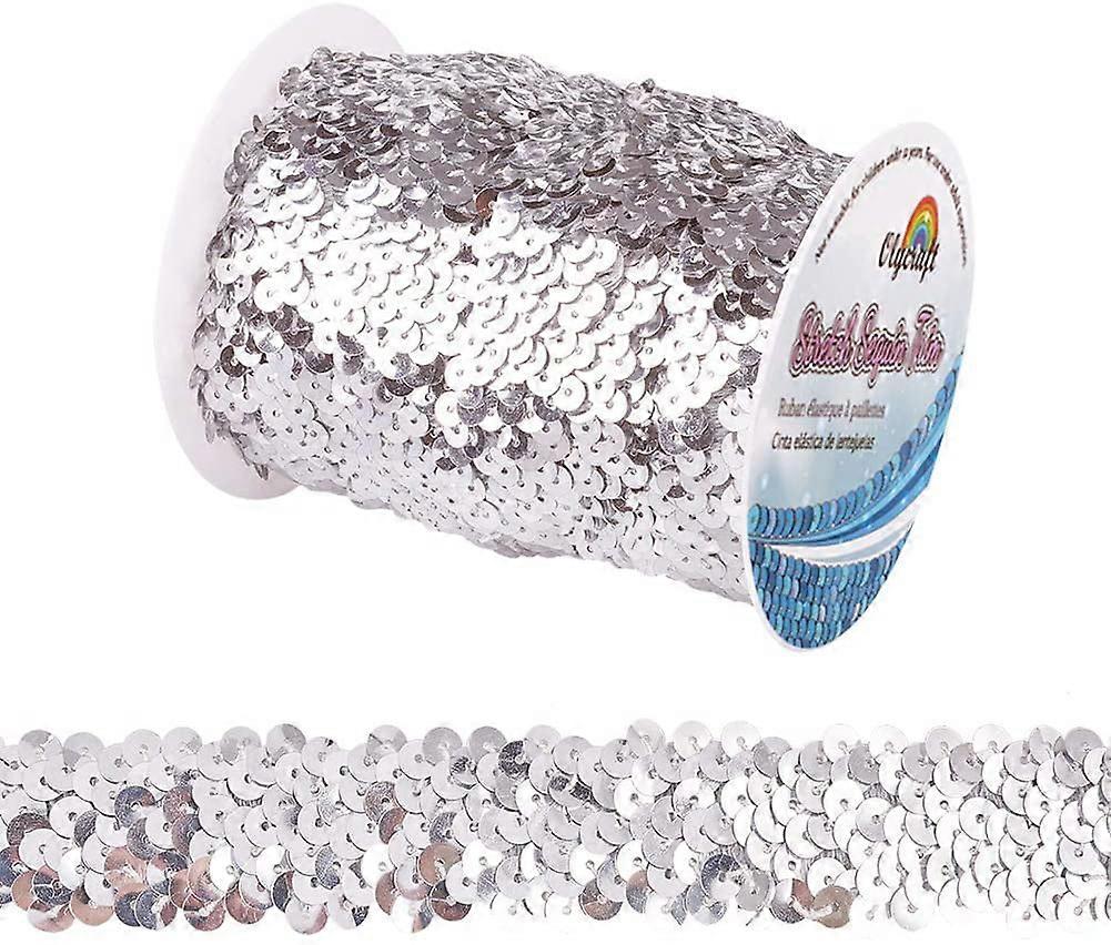 11-Yard 1 Inch Elastic Sequin Trim Metallic Silver Stretch Sequin Trim 3-Row Fabric Paillette Ribbon Trim for Dress Embellish and Headband