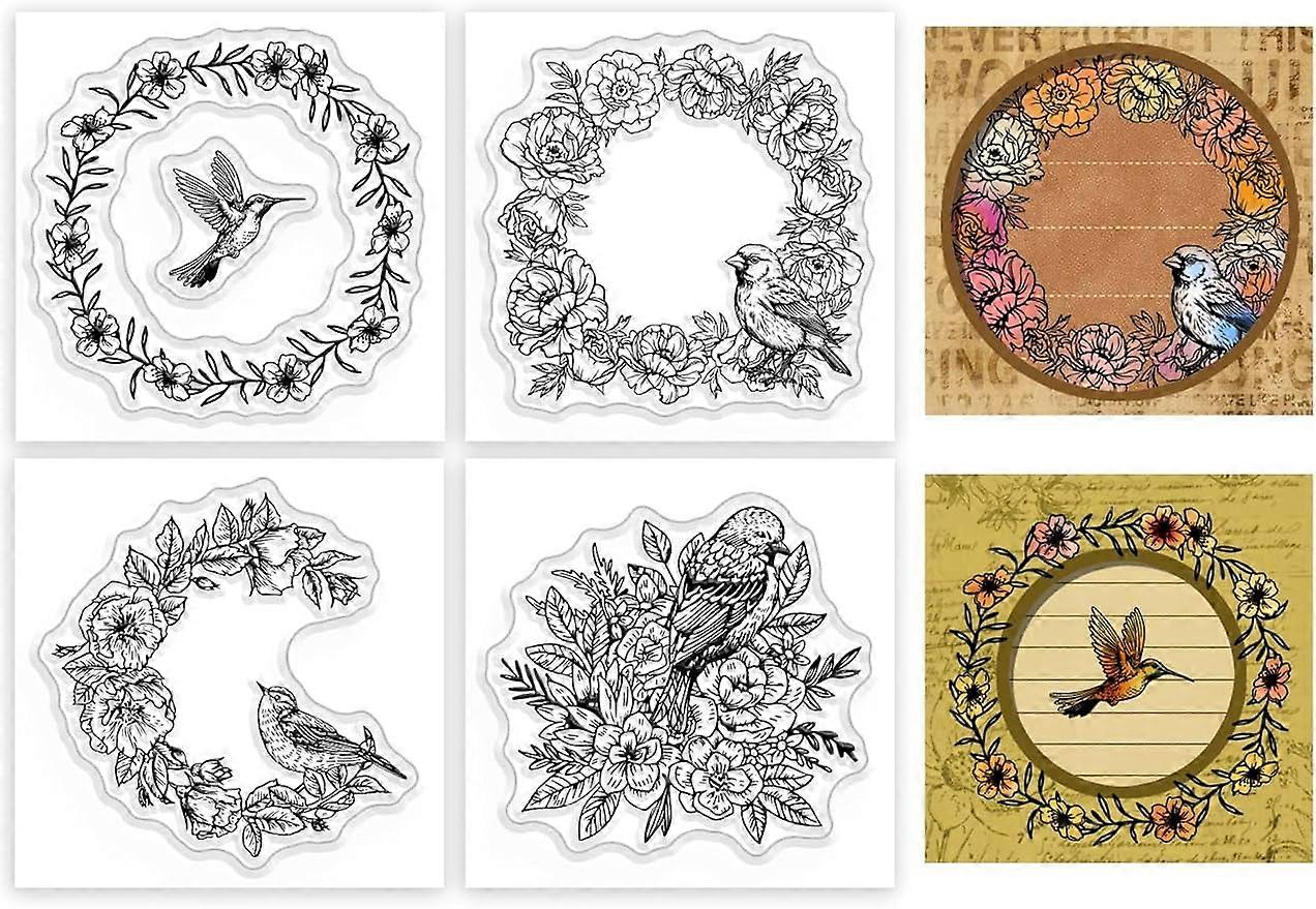 4Pcs Mini Flowers Wreath Birds Clear Stamps for DIY Scrapbooking