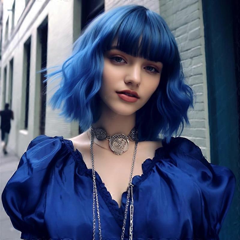 Wavy Bob Wig with Bangs Medium Length Synthetic Hair