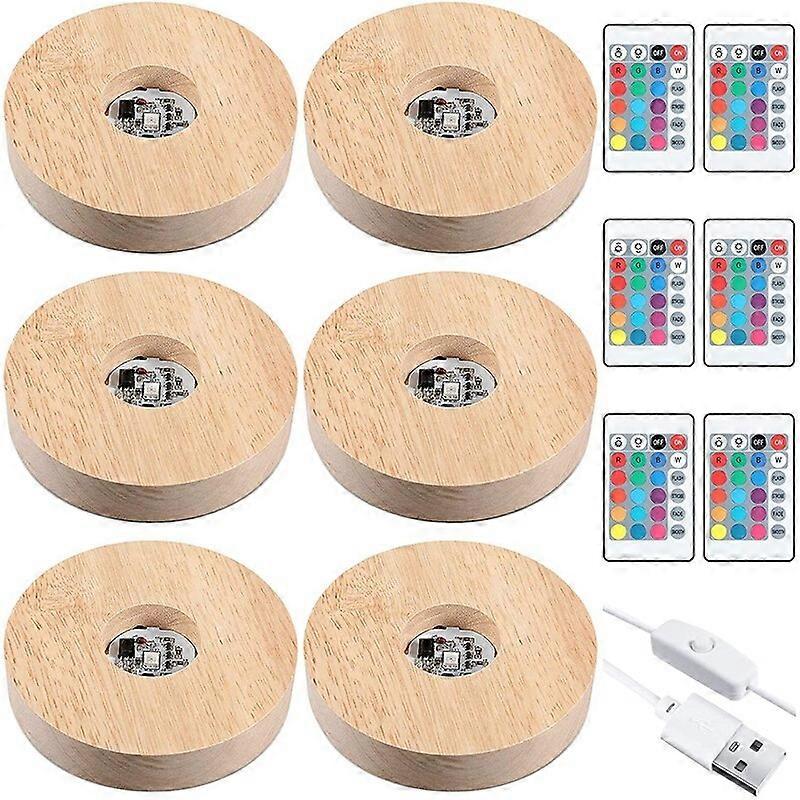 394 Inch Wooden Light Stand Base Colorful LED Lights Display Base with Remote Control for 3D Crystal Glass Resin 6Pcs