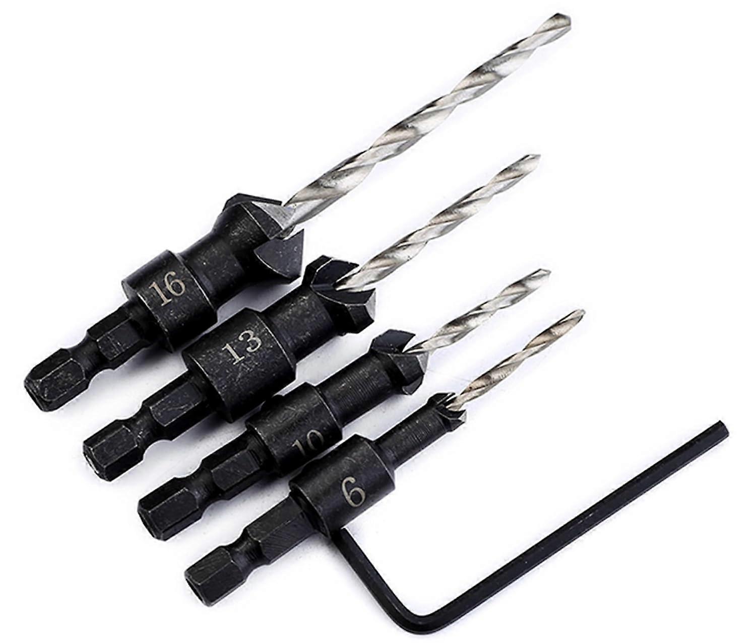 4Pcs Wood Countersink Drill Bit Set with Hex Shank 6# 10# 13# 16# High Speed Steel Countersink Drilling Convenient and Efficient for Drilling Holes w
