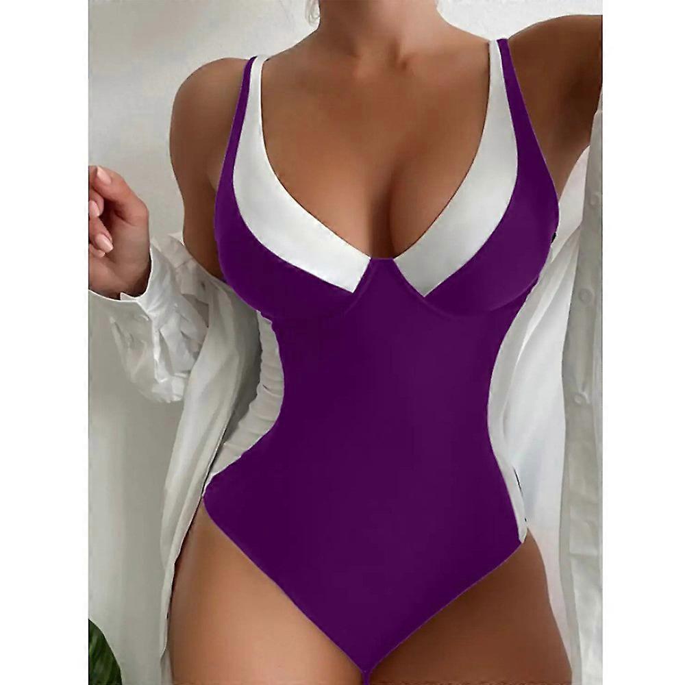 Holiday Swimwear Color Block Scoop Neck Lapel One Piece Swimsuit Stretchy Elegant Bathing Suit Bikini for Women