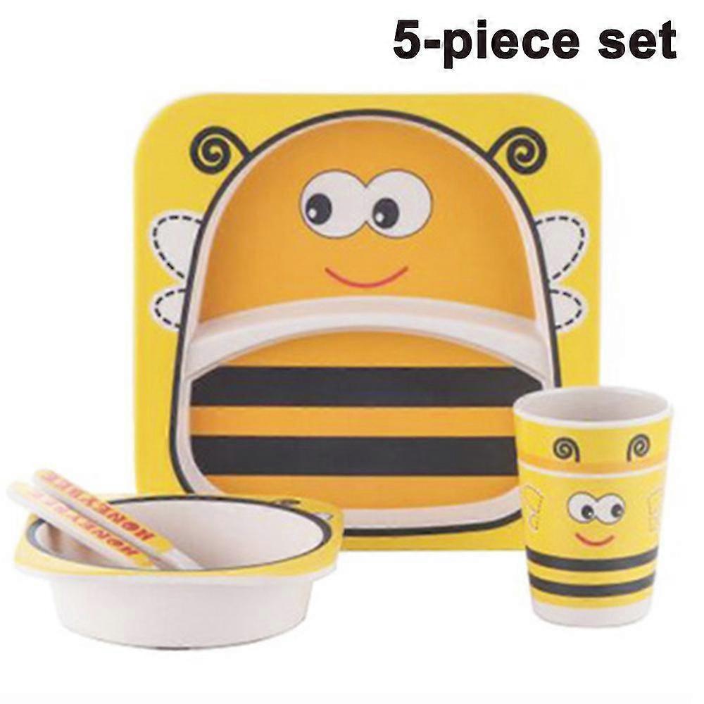 Bamboo Kids Plates And Bowls Sets Non Toxic & Eco Friendly 5 Pcs Includes Toddler Plates Set Cute Animal Designs Kids Dinnerware Sets Dishwasher Safe