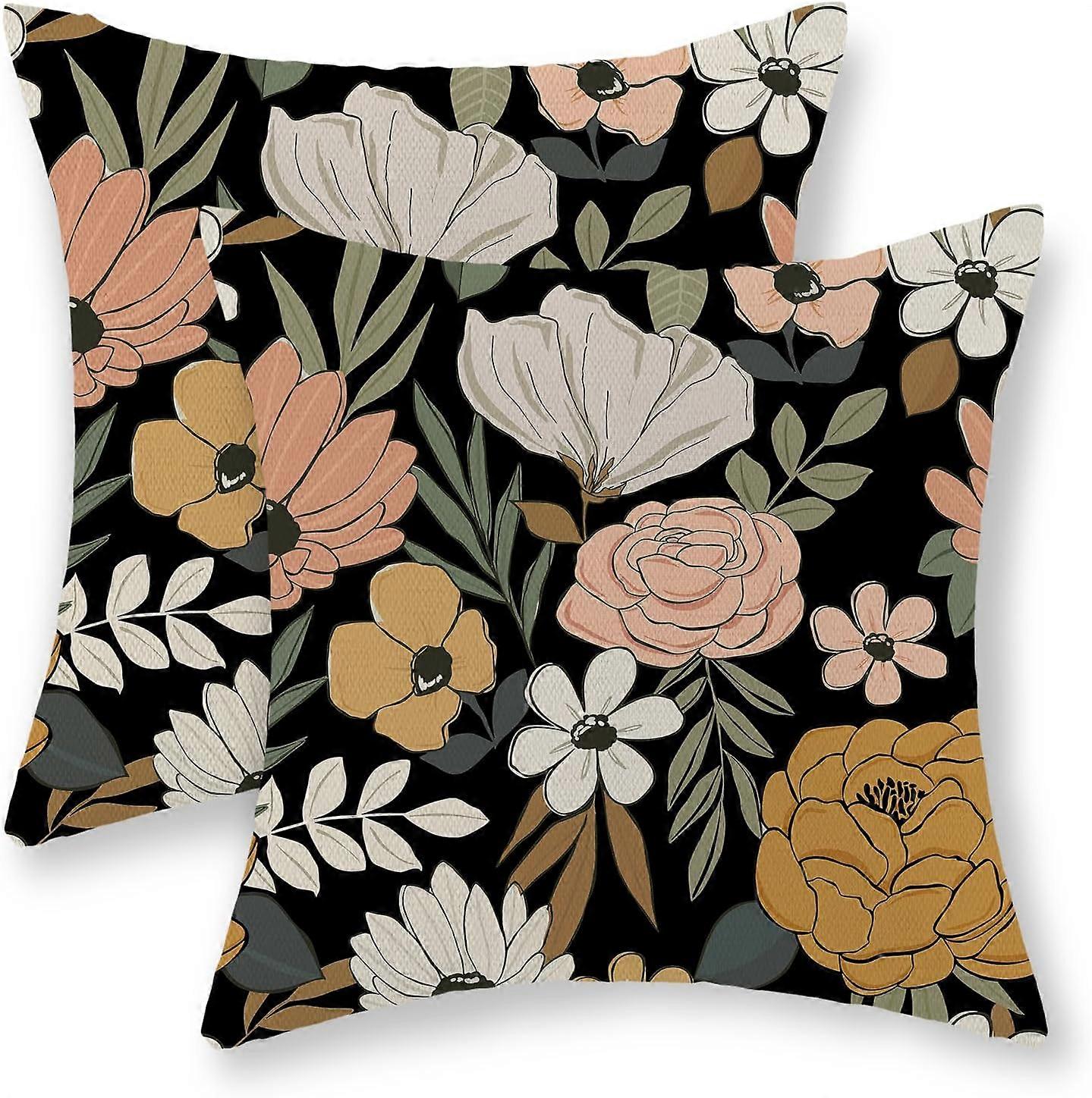 boho blomsterpudebetræk 18x18 sæt med 2, vintage blomster sommer forår kaste puder rustik moderne bondegård dekorativ sort pudebetræk linned bohemi