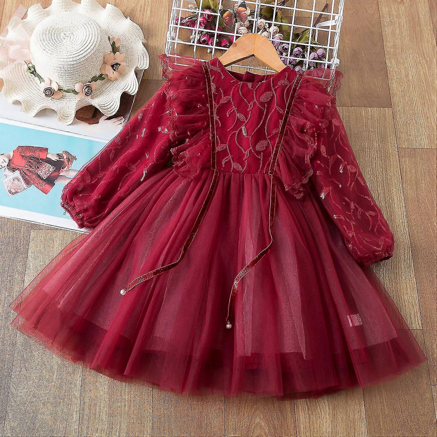 Röda långärmade barn Höstkläder Broderi Eleganta vinterflickor Prinsessans festklänningar Spets Barnkläder för 3 till 8 år Röd2