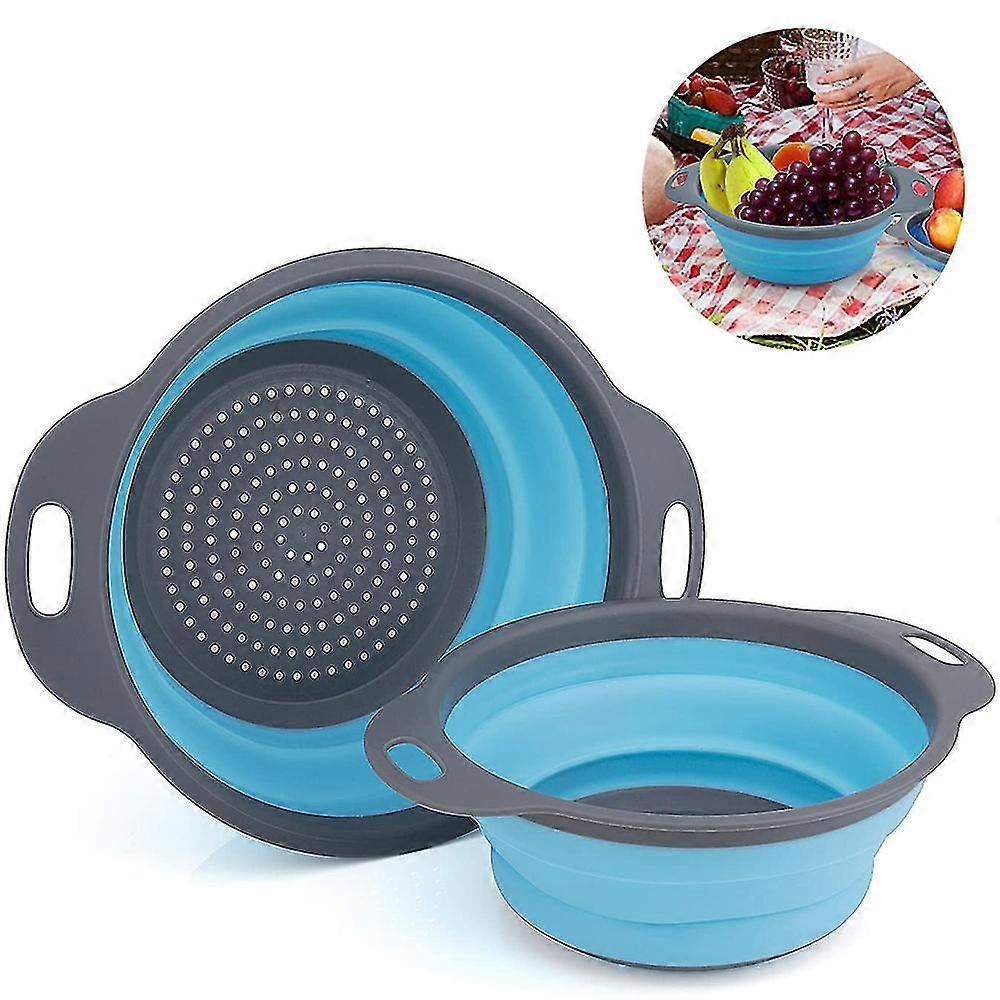 Collapsible Colander 2 Sets, Kitchen Foldable Silicone Strainer Blue
