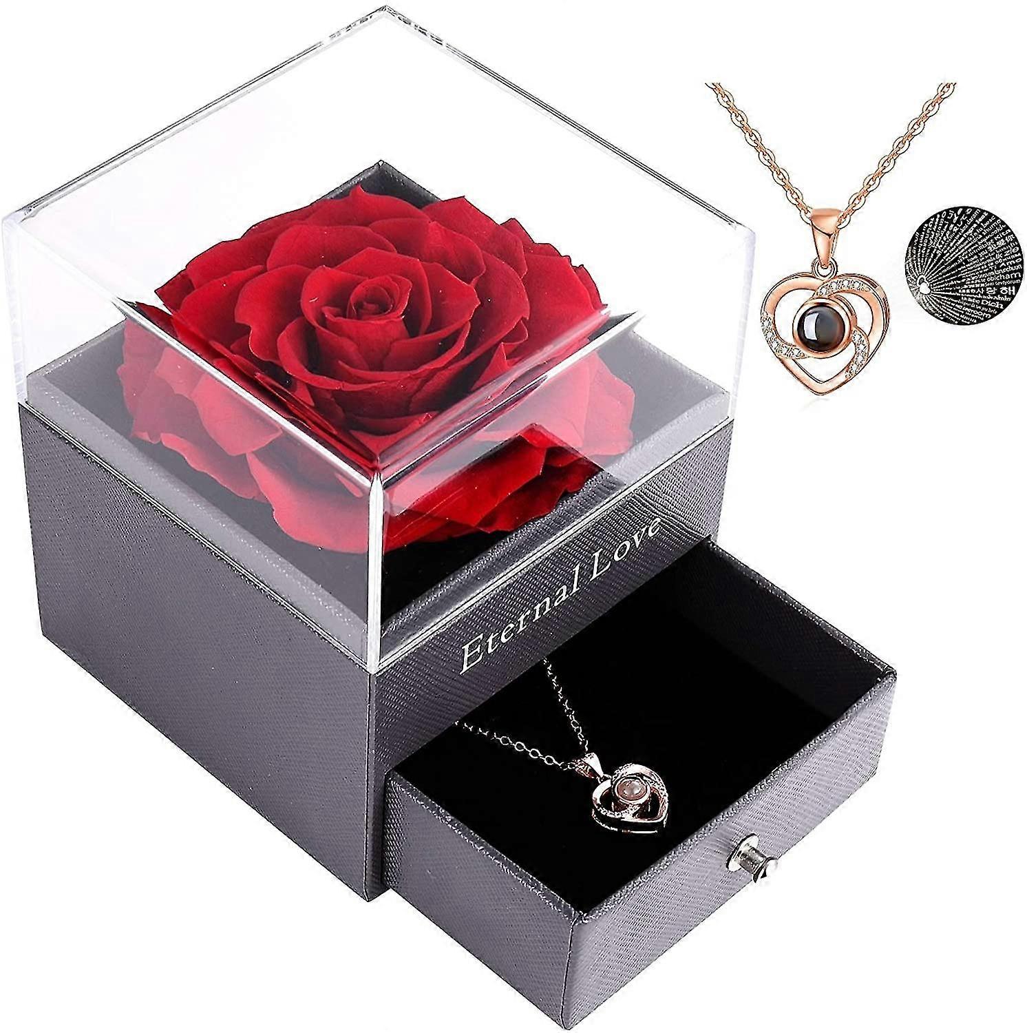Preserved Real Rose With Love You Necklace In 100 Languages Gift Set