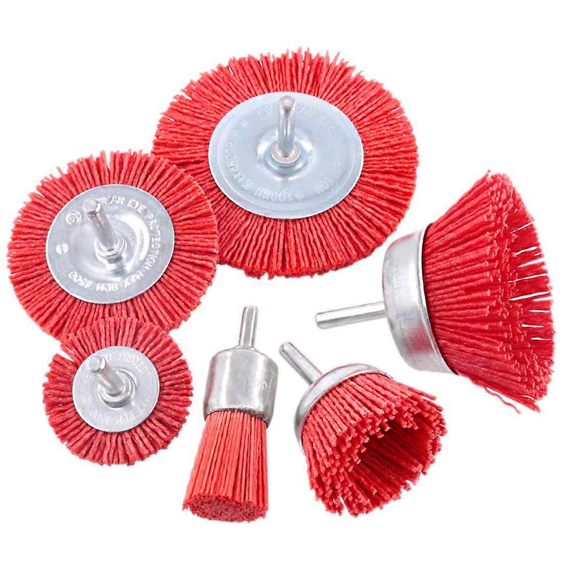 6Pcs Nylon Filament Abrasive Wire Brush Wheel & Cup Brush Set with 1/4 Inch , 6 Sizes Nylon Set Per