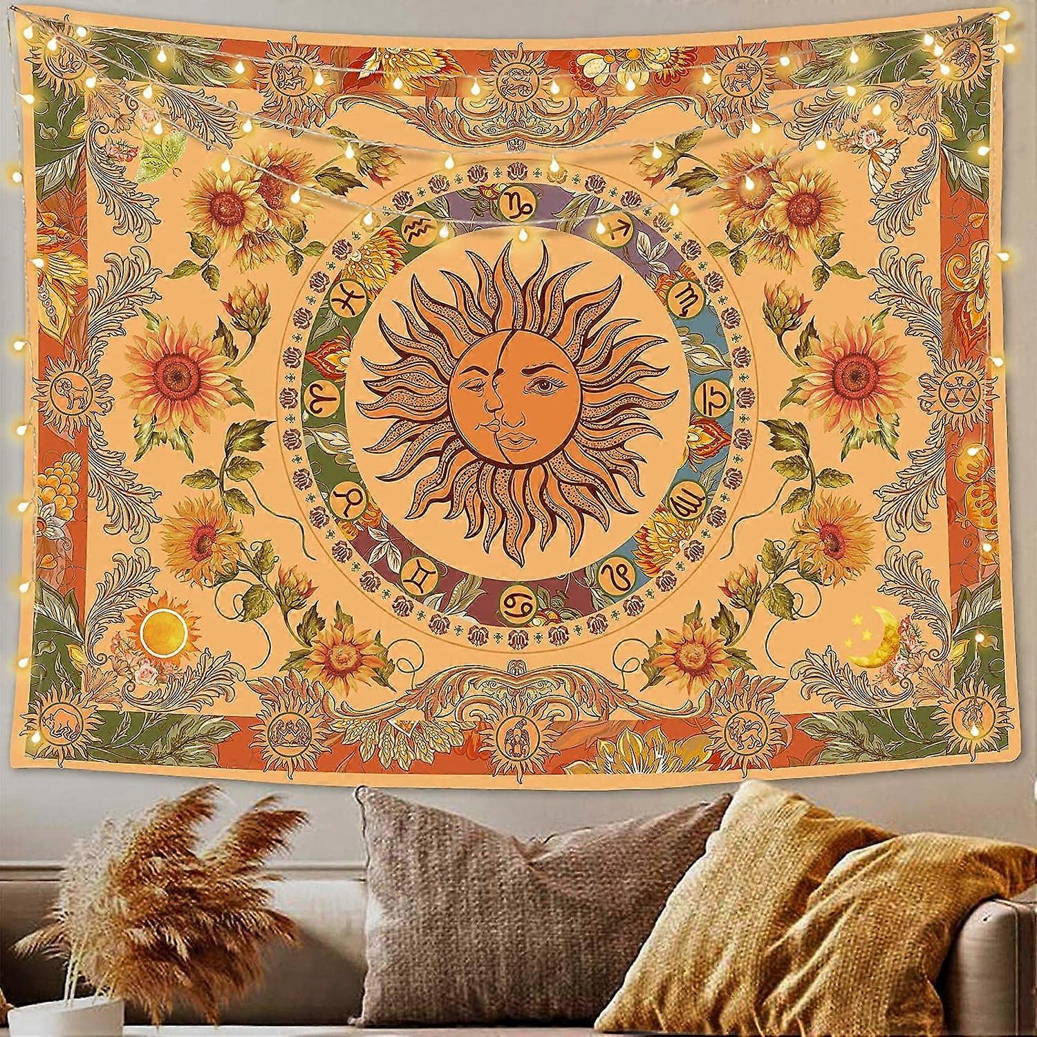 Yellow Sun and Moon Tapestry Vintage Indie Boho Tapestry Wall Hanging with  Sunflowers Butterfly Moth Constellation, image size:1500x1500