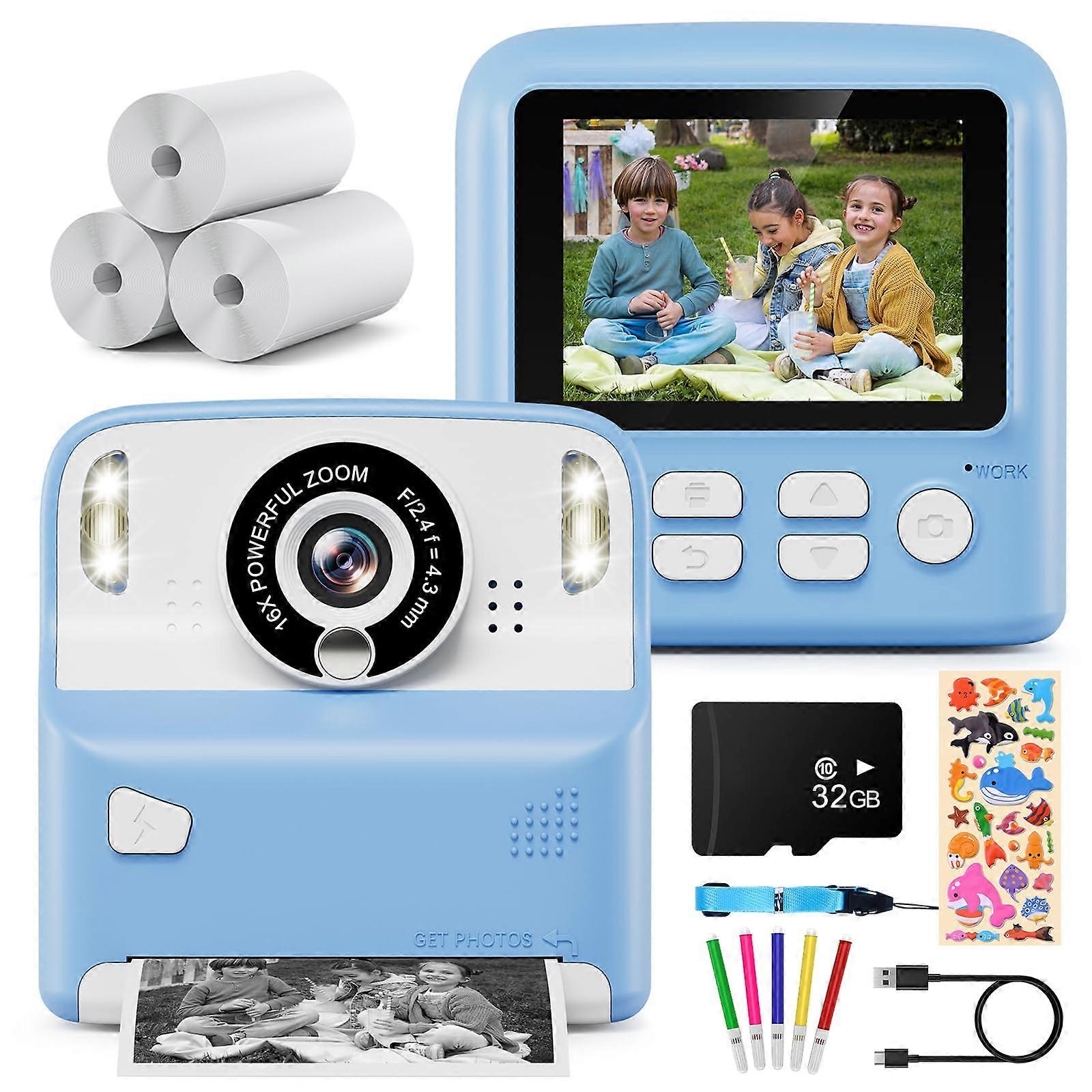Kids Camera Instant Print,1080P Instant Camera, 2.4" Screen Children's Camera with 32GB Card 3 Rolls Print Paper