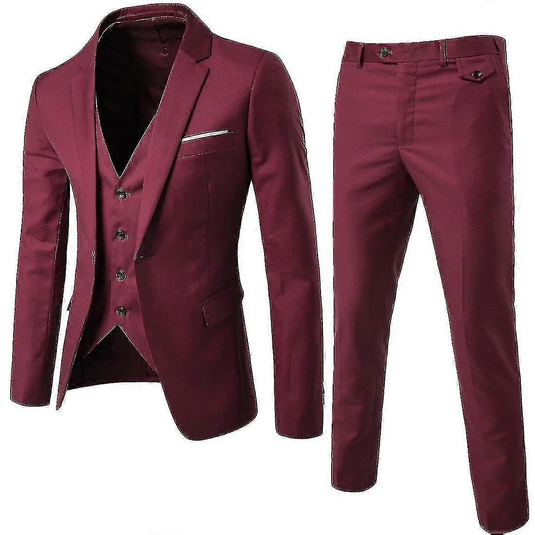 Herren 3 Stück Fit Anzug Set Ein Knopf Massive Jacke Weste Hose Business Set V