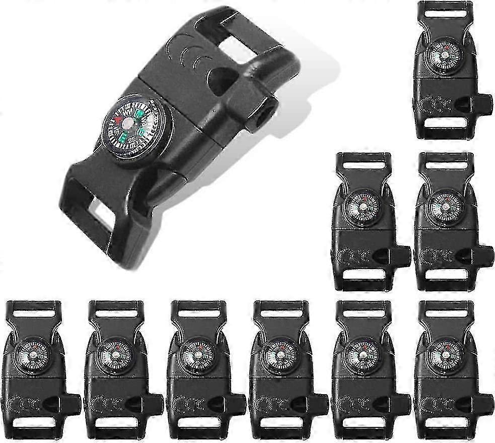 10pcs Pack Black 5/8" Compass Flint Scraper Fire Starter Whistle Buckle Plastic