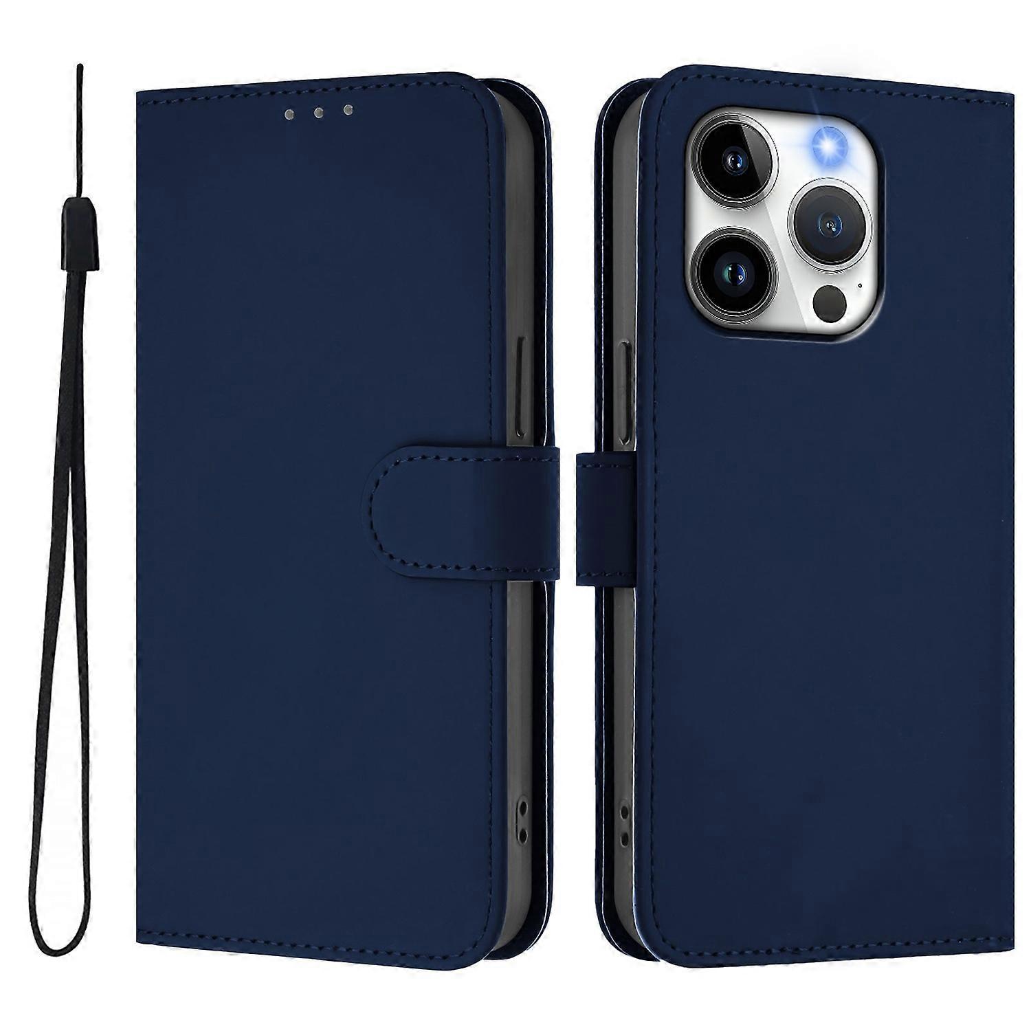 For iPhone 15 Pro Case Solid Color Wallet Leather Phone Cover with Strap - Navy Blue