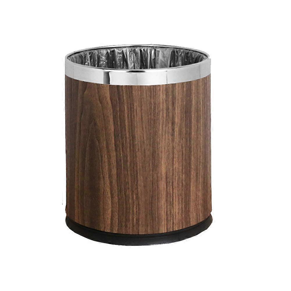 Walnut Leather Double Trash Can with Silver Ring - Top Open Waste Bin for Hotel and Office