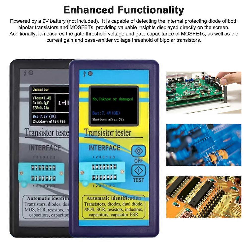 Transistor Tester NPN PNP Transistor Diode Resistor Inductor Capacitance MOS SCR ESR Meter with 1.8 Inch TFT Screen Automatic Pin Detection
