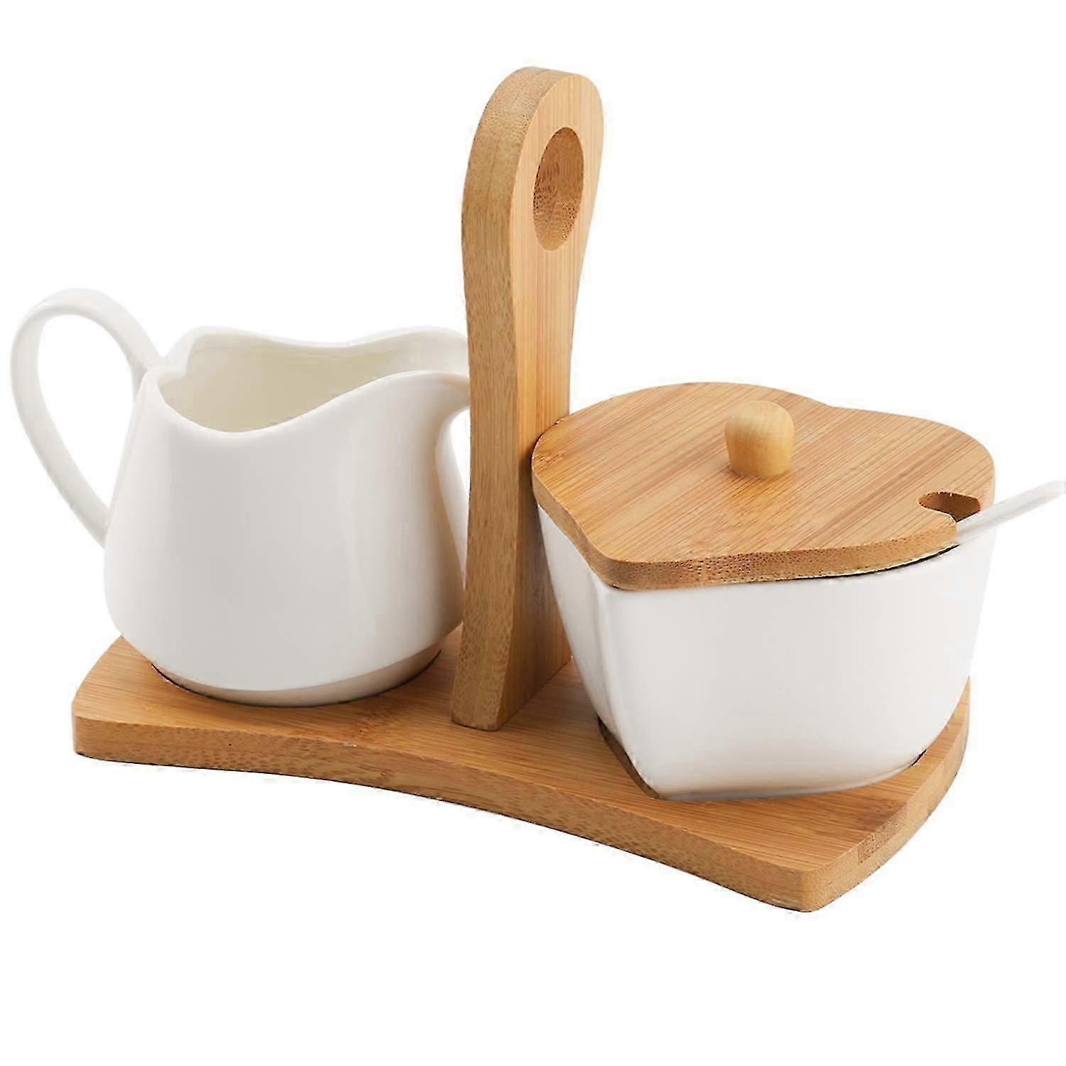 and Creamer Set with Lid & Spoon Ceramic Cream Jug and with Wood Handle Coffee Serving Set