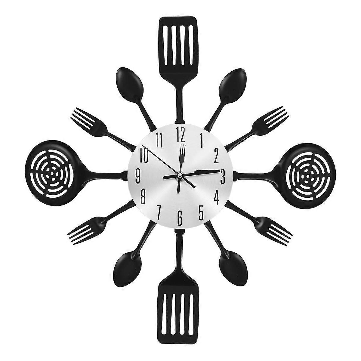 16 Inch Large Kitchen Wall Clocks with Spoons and Forks(Black)