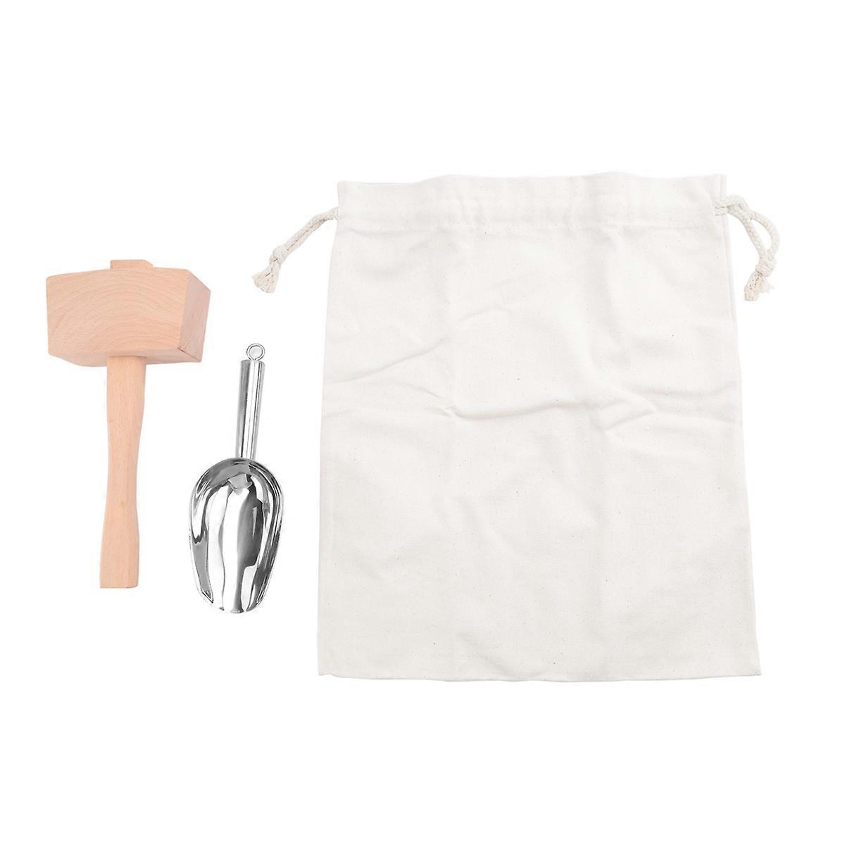Ice Mallet and Ice Bag - Wood Hammer and Cotton Linen Bag for Crushed Ice, Bartender Kit & Bar Tools