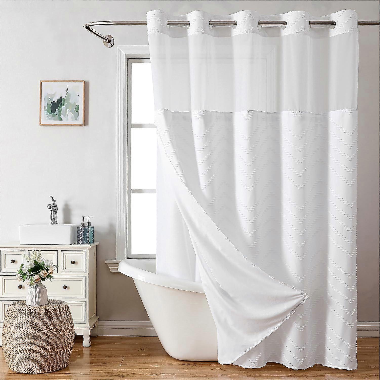 Long hook- TUFTED Chevron striped shower curtain, snap fabric lined set-71wx80h (78h)
