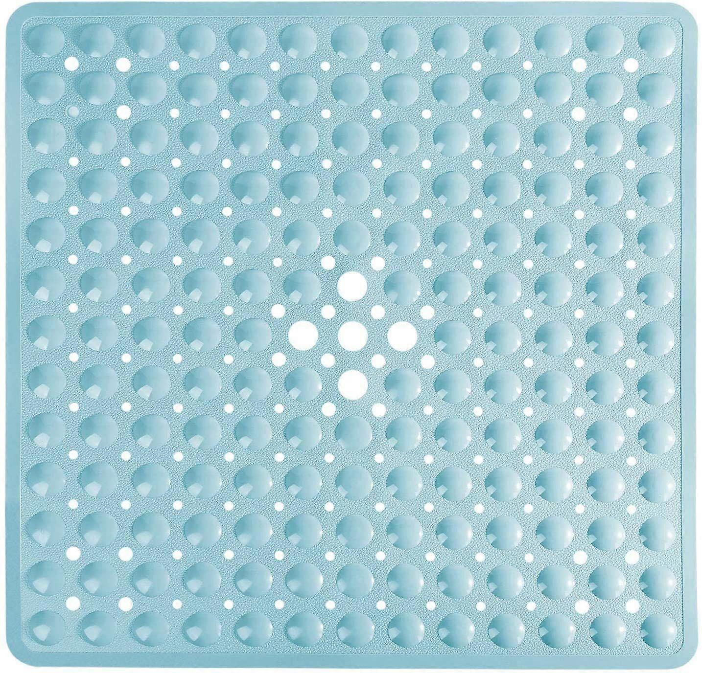 21 x 21 In Shower Mat for Bathtub, Non-Slip with Drain Holes Machine Washable, Light Blue