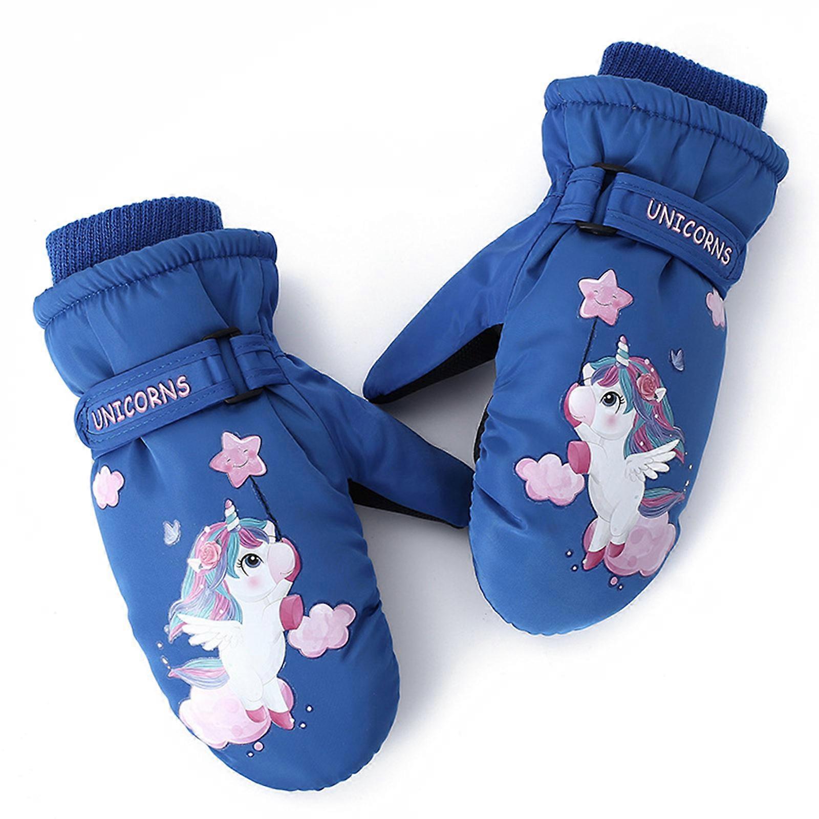 2-5 Years Kids Winter Warm Gloves Cartoon Unicorn Print Ski Gloves Waterproof Anti-slip Mittens for Skiing Snowboarding  Royal blue