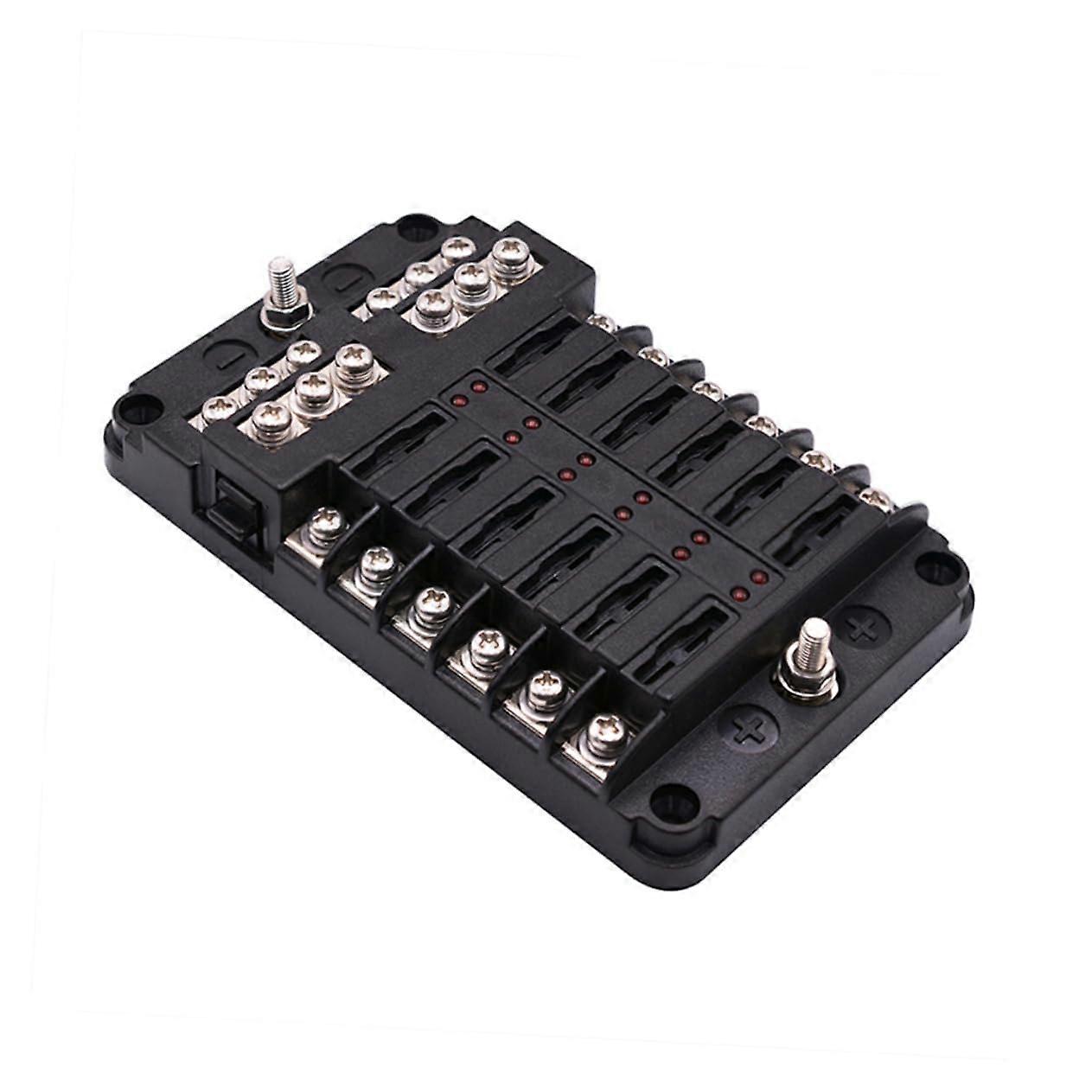 Universal 12 Way Fuse Box Block for Vehicles, 6 Way Black Car Fuse Holder with Indicator Light and Cover, Automotive Accessory
