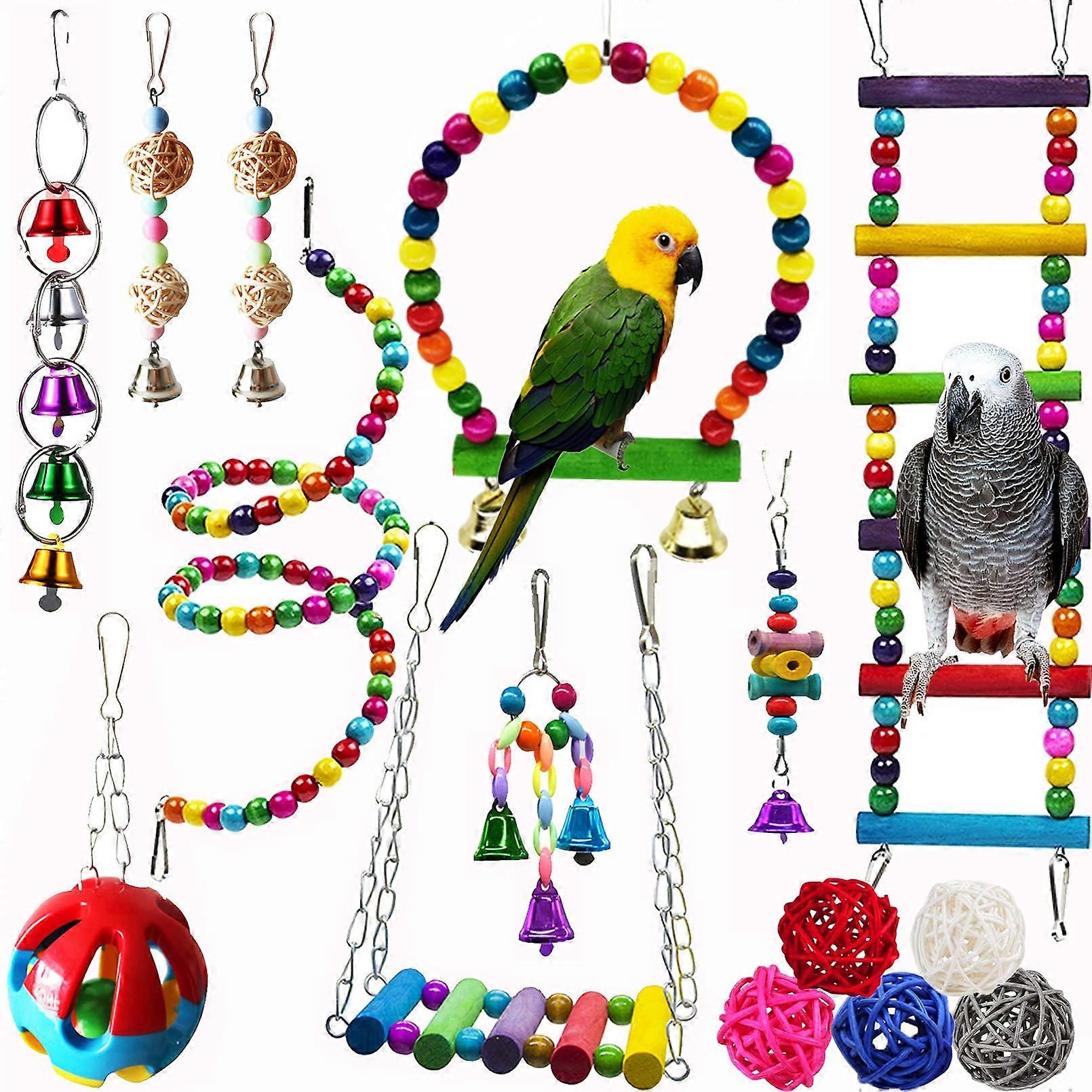 Bird Parrot Swing Chewing Toy Set 15PCS Wooden Hanging Bell with Hammock Climbing Ladders