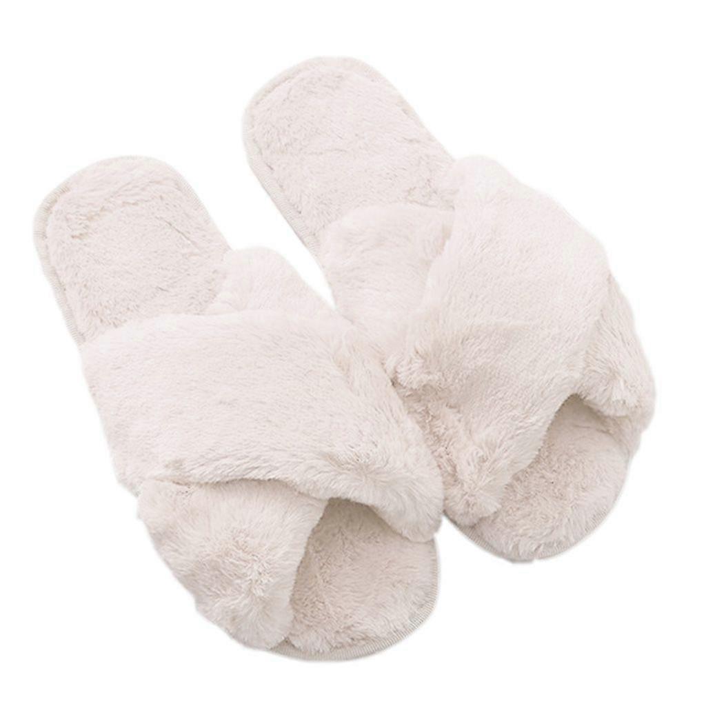 Kvinnor Lurviga Plysch För Tvärband Platta Tofflor Fuzzy Fluffig Anti-Skid Öppen Tå Glider Slip-On Inomhus Hus Skor Sandaler