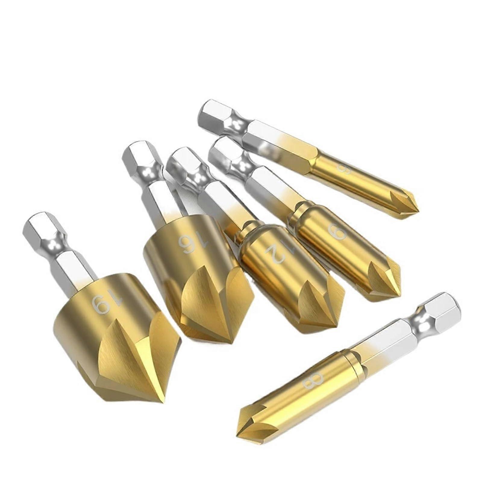 Chamfer end Mill 6pcs 6/8/9/12/16/19mm Hss Countersink Boring Bit Set for Wood Metal Quick Change Bit Tool Hex Chamfer Tool Set(3pcs 2)