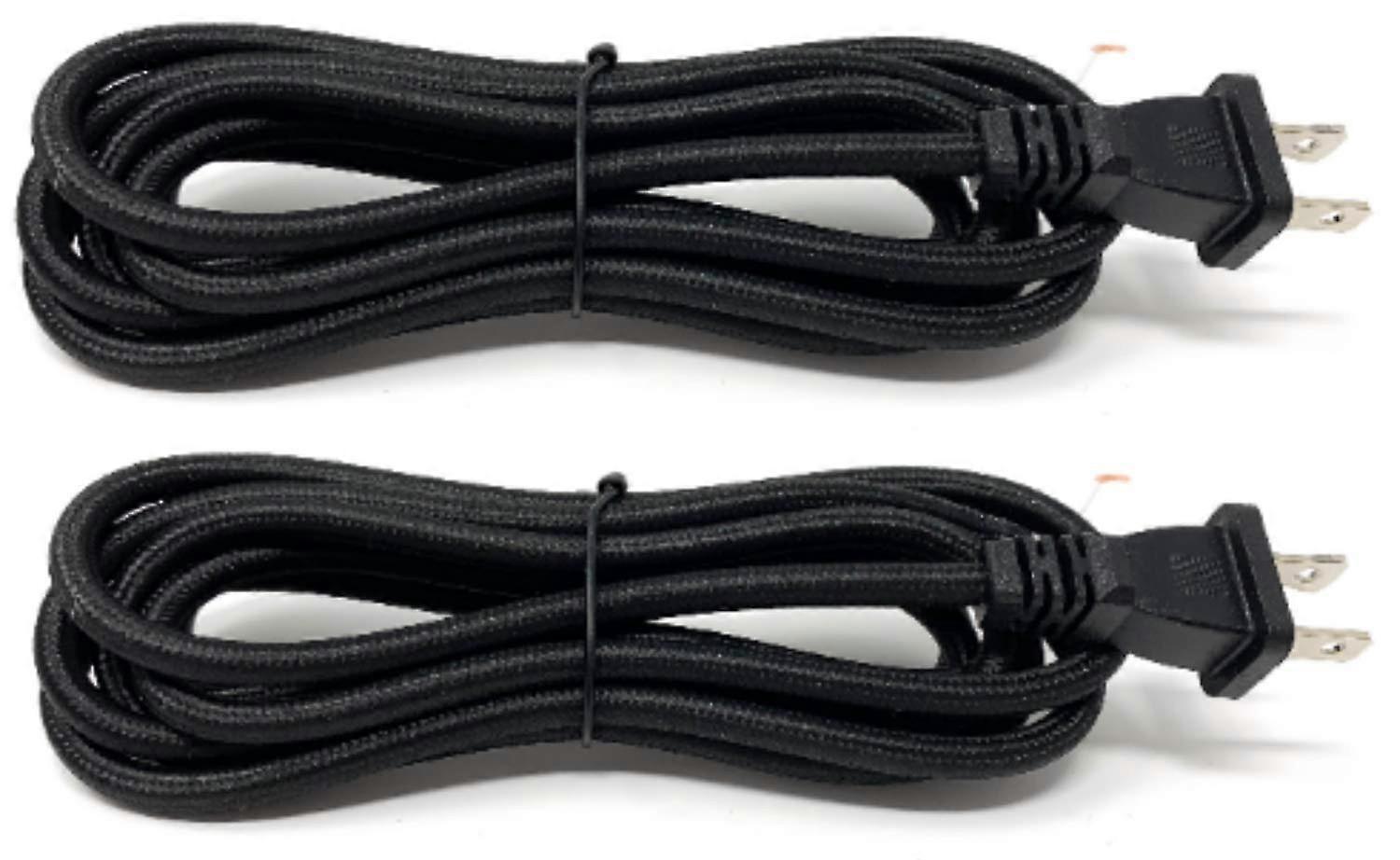 Cloth Covered Round Lamp Wire with Plug 8 Feet Long, Black Color, 2 Pack, Indoor Use, Durable Material