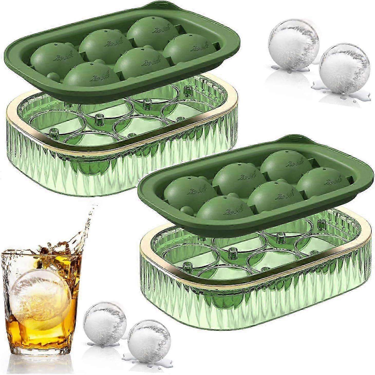 2pack silicone ice cube tray with lid, 6 cavity ice ball maker mold, round ice cube（green） p