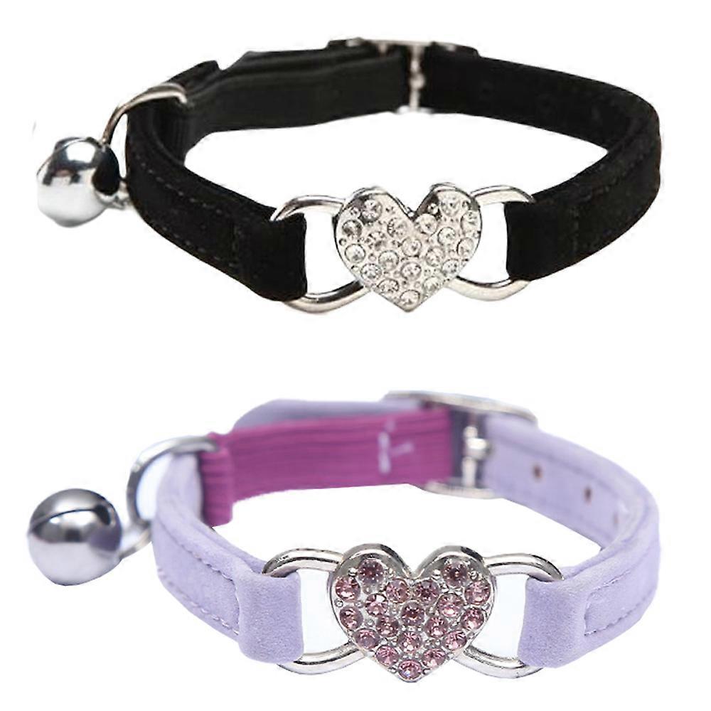 Soft Secure Velor Adjustable Cat Collar With Crystal Heart And Bell