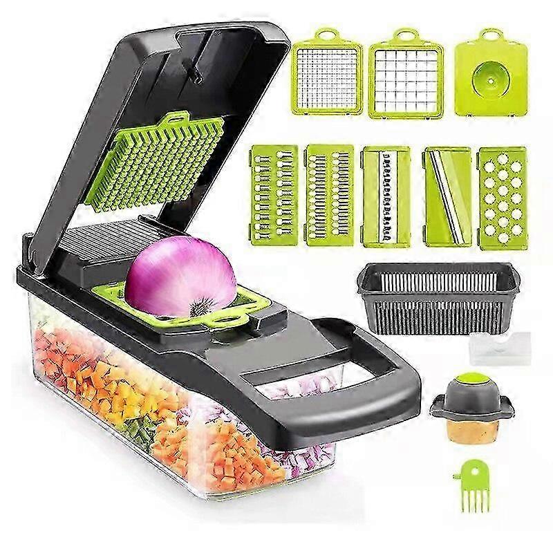 1Pc Green Black 12 in 1 Multifunctional Vegetable Slicer Cutter with Basket for Chopping Fruits, Potatoes, and Carrots with Grater Attachmen